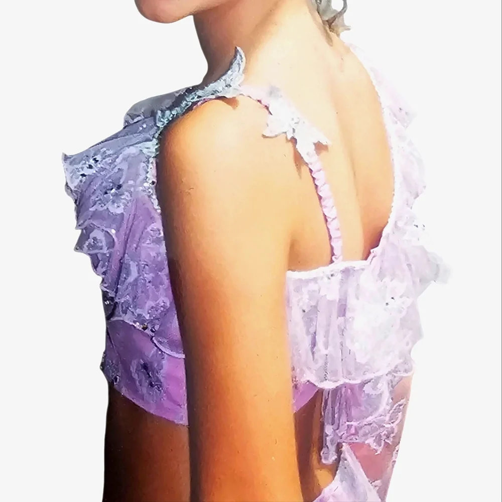 Lavender Floral Lace/Rhinestone Butterfly Pant/Crop Top Fun Fashion 2 Pc Set